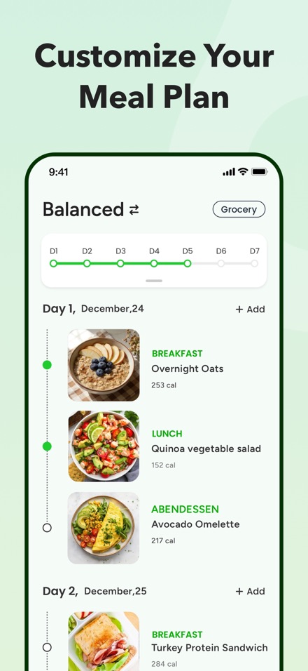 CaloCare personalized meal plan screen